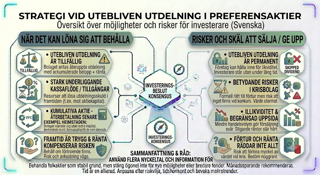 Utebliven Utdelning i Preferensaktier – Vad händer och Ska du sälja? 2 Samuelssons Rapport Strategi vid utebliven utdelning preferensaktier, risker med preferensaktier i krisbolag, sälja eller behålla preferensaktier, analys av preferensaktie utdelningsstopp, investering i krisdrabbade preferensaktier.
