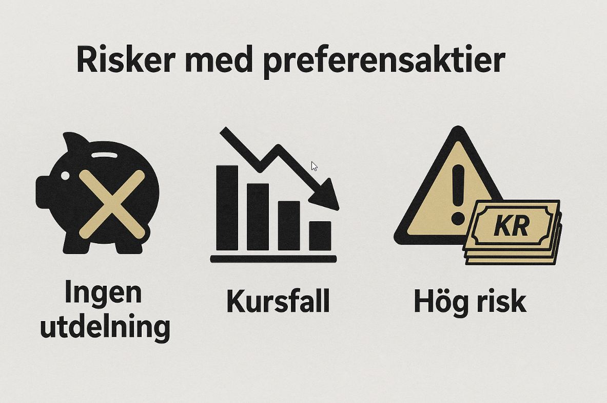En infografik som visar tre huvudsakliga risker med preferensaktier: inställd utdelning (illustrerat med en överkorsad spargris), kursfall (illustrerat med en fallande graf) och generell hög risk (illustrerat med en varningsskylt och pengar).