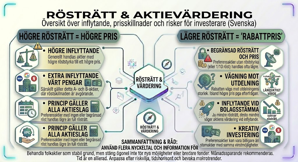 Rösträtt, aktievärdering, preferensaktier, prisskillnad aktier, inflytande bolagsstämma, aktiekurs.