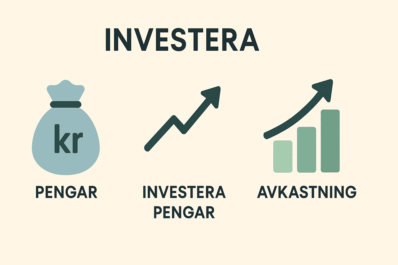 Minimalistisk infographic om investering med tre symboler: pengapåse (pengar), uppåtriktad pil (investera pengar) och växande stapeldiagram (avkastning) på beige bakgrund.