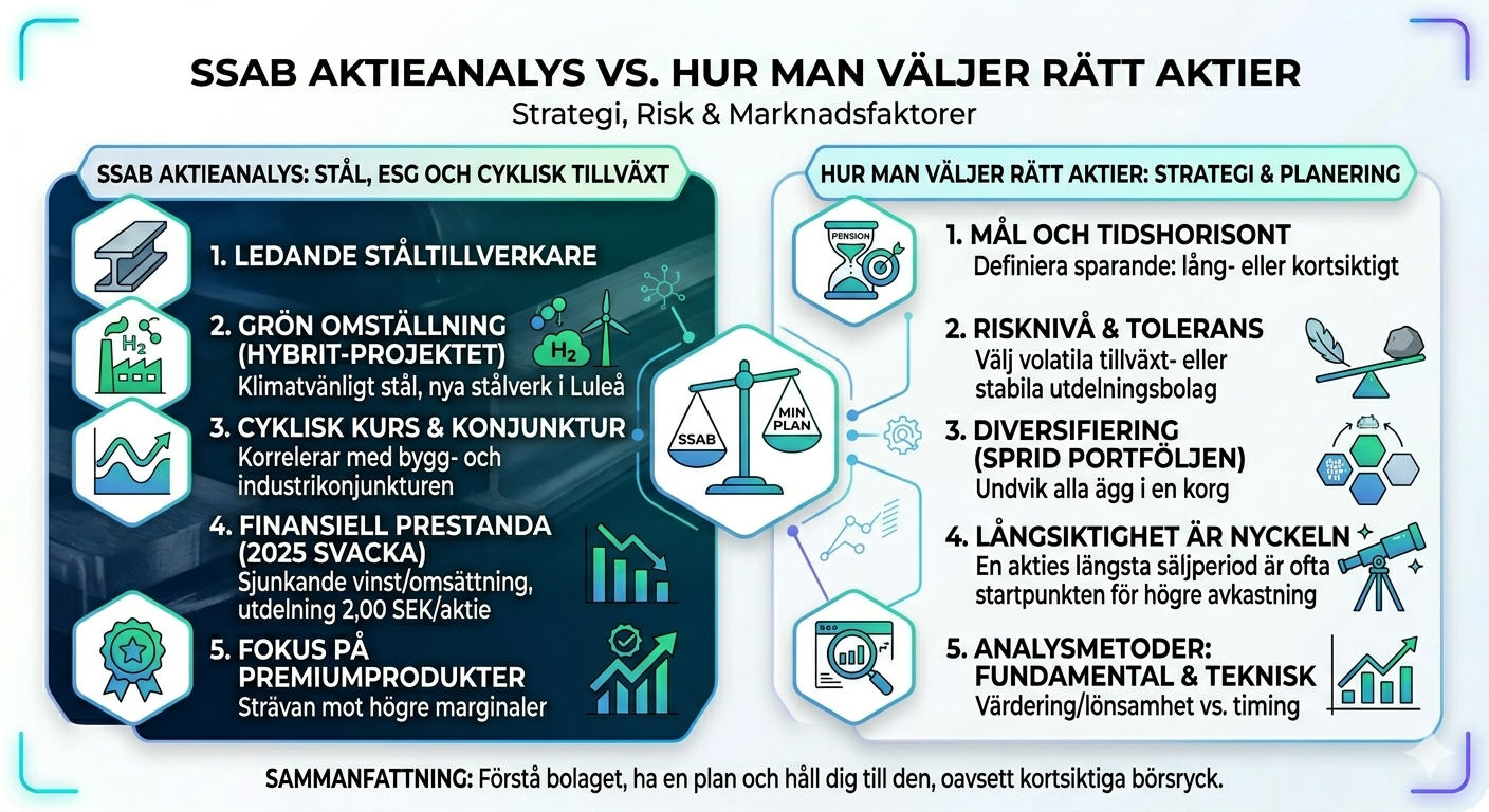 En jämförande infografik mellan "SSAB Aktieanalys" och "Hur man väljer rätt aktier". Vänster sida visar SSAB:s fokus på grönt stål och cyklisk tillväxt, medan höger sida listar fem steg för strategi och planering, inklusive mål, risknivå och diversifiering.