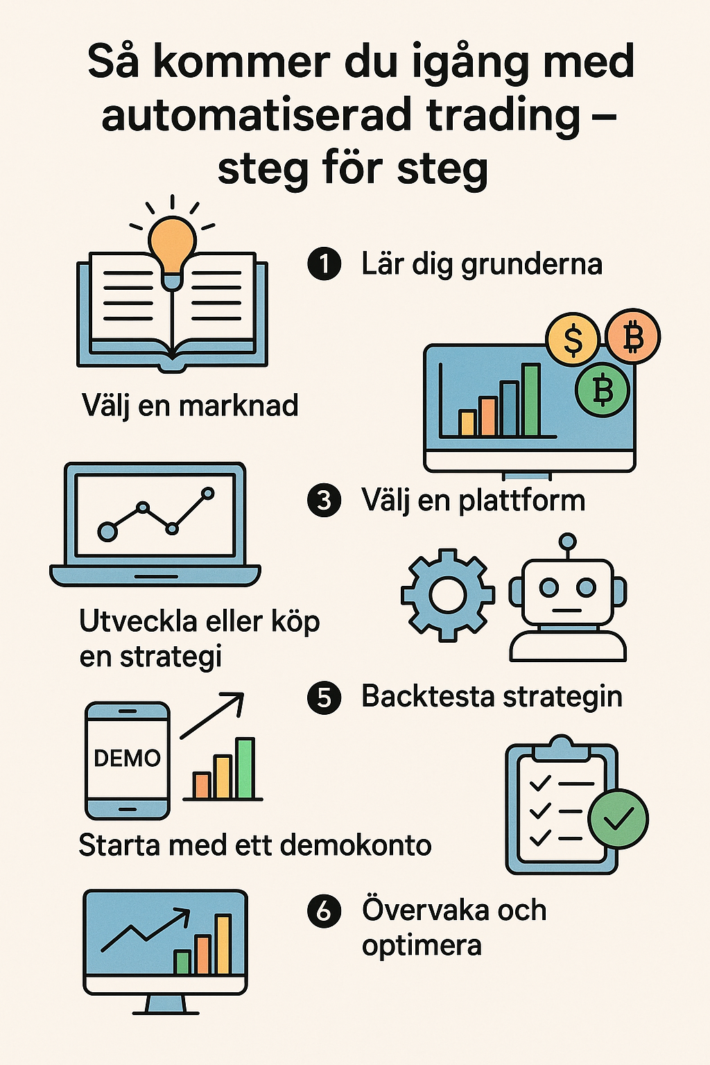 En infografik som visar sex steg för att komma igång med automatiserad trading: lär dig grunderna, välj marknad, välj plattform, utveckla strategi, backtesta och övervaka.