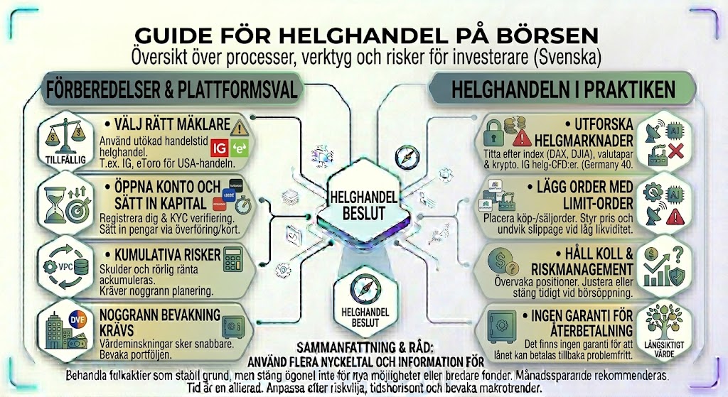 Köpa aktier på helgen, helghandel börsen, investera lördagar söndagar, mäklare helghandel, risker helghandel aktier.