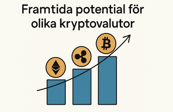 En infografik med rubriken "Framtida potential för olika kryptovalutor" som visar logotyper för Ethereum, Ripple och Bitcoin på pelare med en uppåtgående pil.