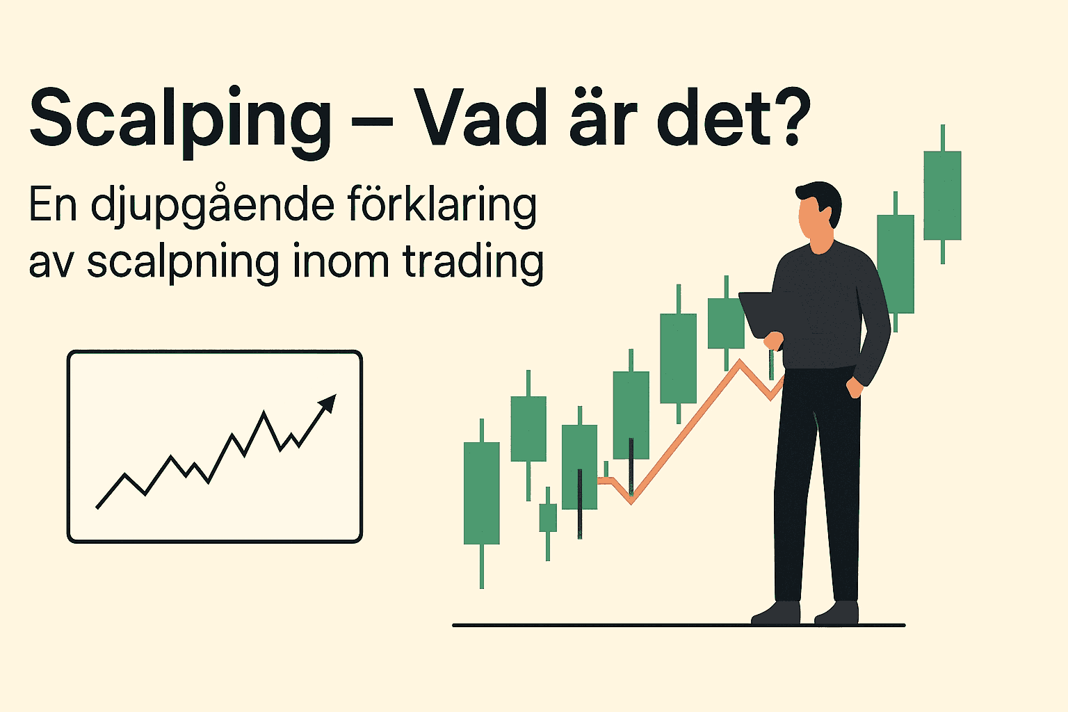 Minimalistisk bild som förklarar scalpning inom trading, med texten "Scalping – Vad är det?" och en graf med ljusstakar samt en person som analyserar datan.