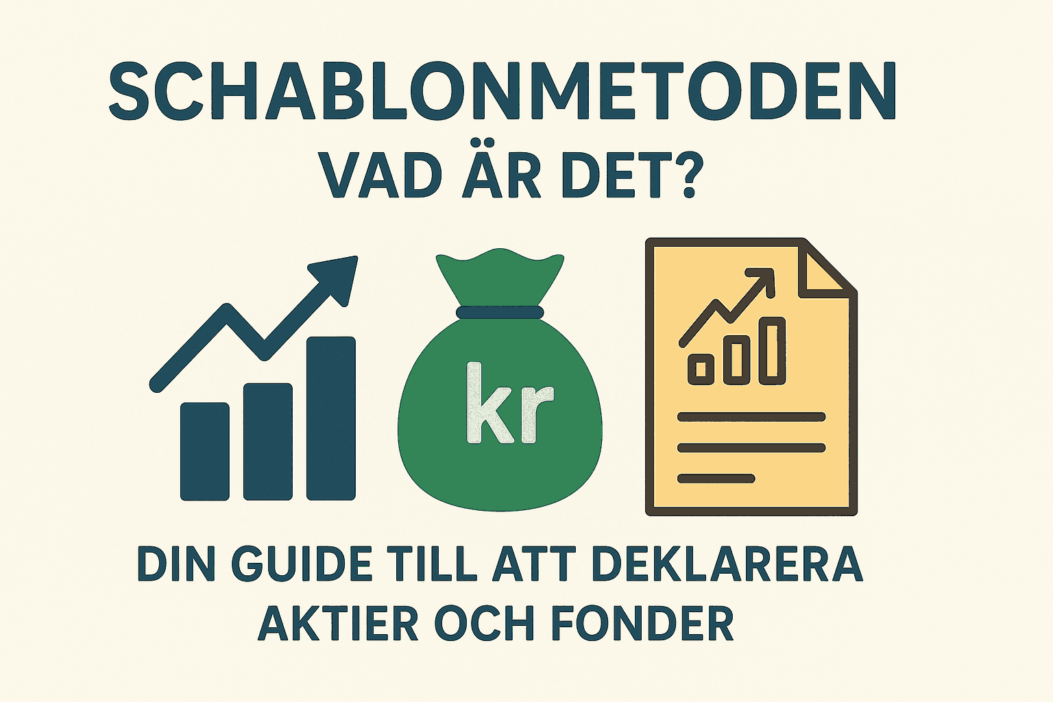 Minimalistisk illustration som visar Schablonmetoden med ikoner för aktiegraf, pengasäck och deklarationspapper.