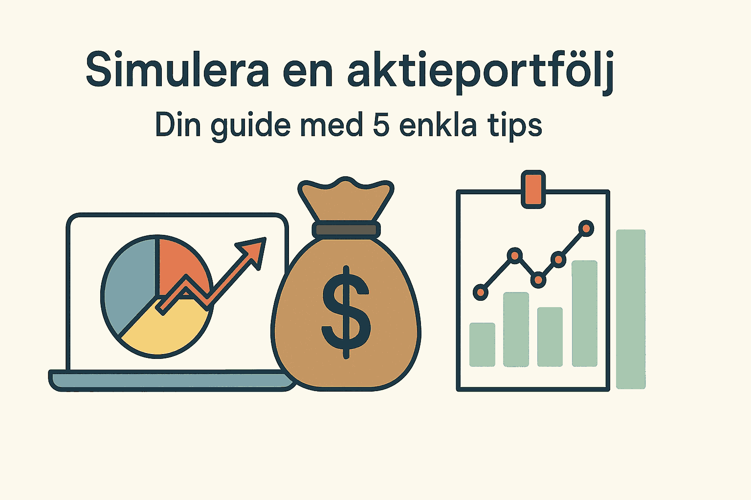 Simulera en Aktieportfölj – Din Guide med 5 Enkla Tips 2 Samuelssons Rapport Minimalistisk illustration med laptop, pengasäck och stapeldiagram som symboliserar simulering av en aktieportfölj.