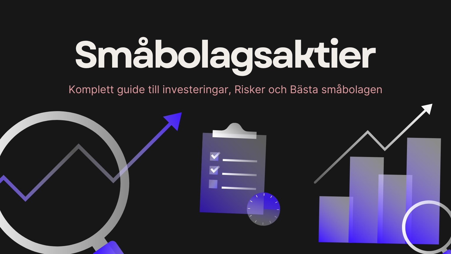 Dina Pengar 212 Samuelssons Rapport småbolagsaktier, komplett guide till investeringar, risker och bästa småbolagen, illustration med förstoringsglas, checklista och stigande aktiediagram på mörk bakgrund.
