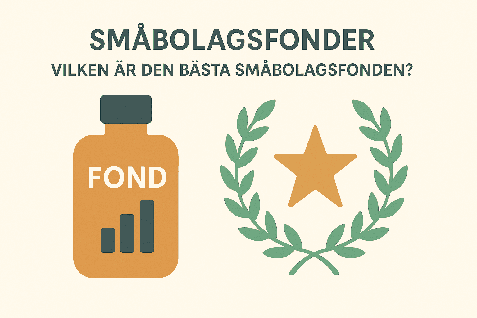 Minimalistisk illustration med en fondflaska och en stjärna i lagerkrans, som symboliserar småbolagsfonder och frågan om den bästa fonden.