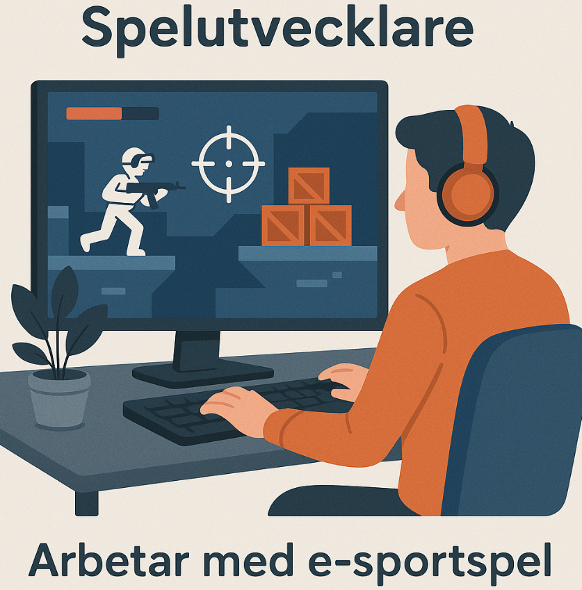 Spelutvecklare, arbetar med e-sportspel, e-sportaktier 2025, bästa gamingaktierna, investera i gaming, illustration av person vid dator.