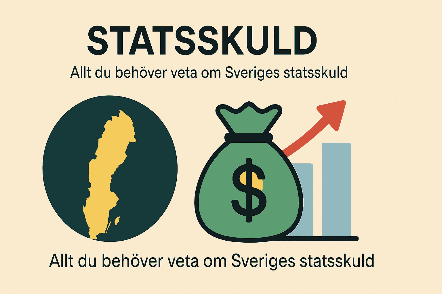 Dina Pengar 233 Samuelssons Rapport Infografik som visar Sveriges statsskuld med symboler för landet, pengar och ekonomisk tillväxt.