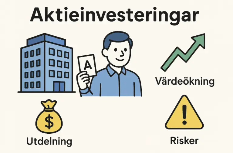 En infografik med rubriken ”Aktieinvesteringar” som visar en man med ett aktiebrev omgiven av ikoner för ett företag, en grön pil för värdeökning, en pengasäck för utdelning och en varningsskylt för risker.