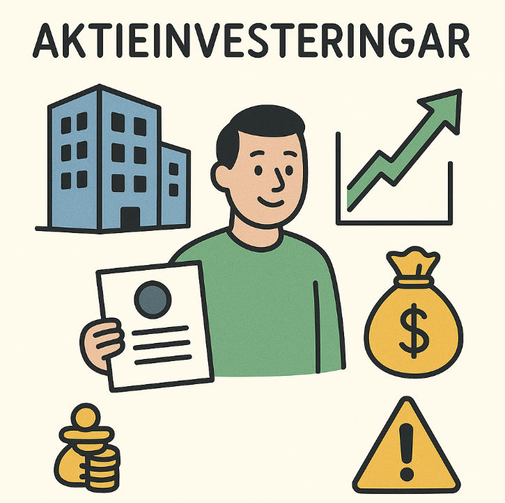 En illustration med rubriken ”AKTIEINVESTERINGAR” som visar en person som håller i ett aktiebrev omgiven av ikoner för ett företagshus, en stigande graf, en pengasäck, staplade mynt och en varningsskylt.
