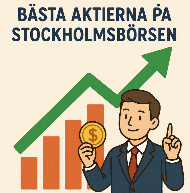 En illustration med texten ”Bästa aktierna på Stockholmsbörsen” som visar en man i kostym som håller ett guldmynt framför en stigande grön pil och orangea staplar.