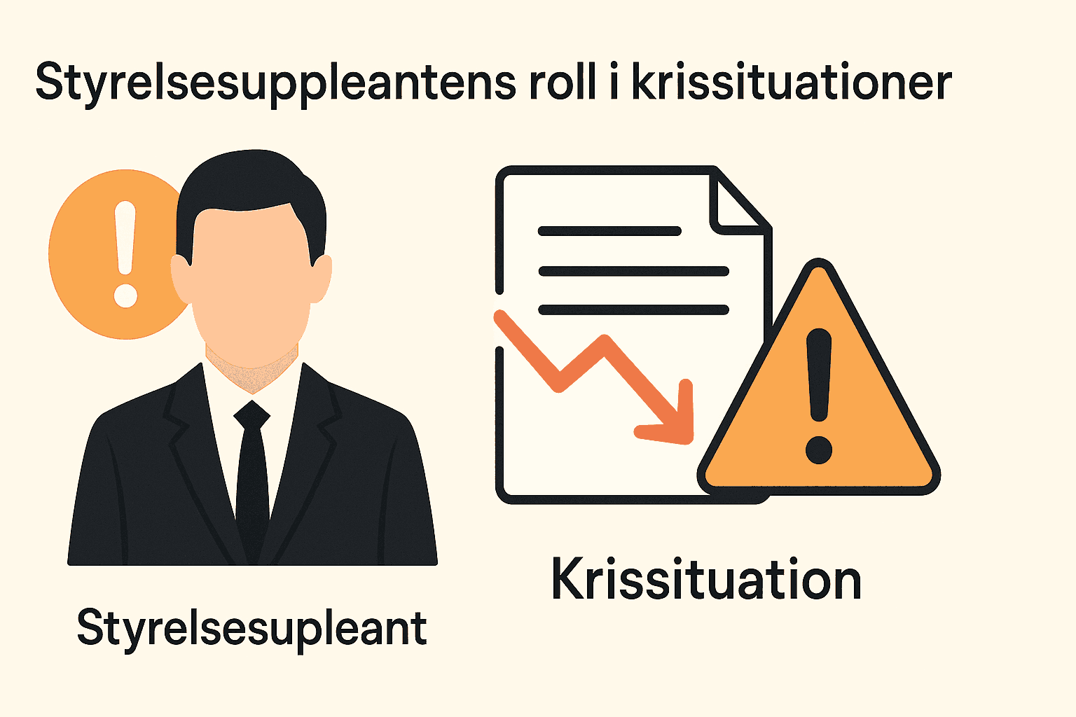 Vad är en styrelsesuppleant? En komplett guide 2 Samuelssons Rapport Illustration som visar styrelsesuppleantens roll vid kris – en person i kostym och en varningstriangel med nedåtgående graf.