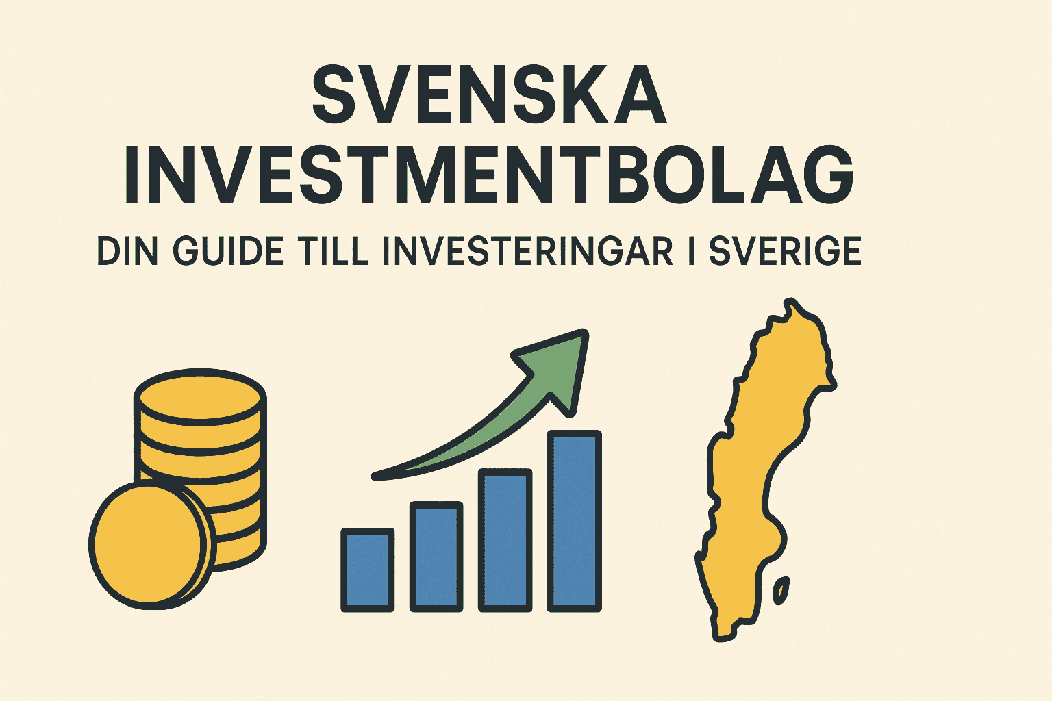 Enkel bild som förklarar svenska investmentbolag med ikoner på mynt, graf och Sverige-karta.