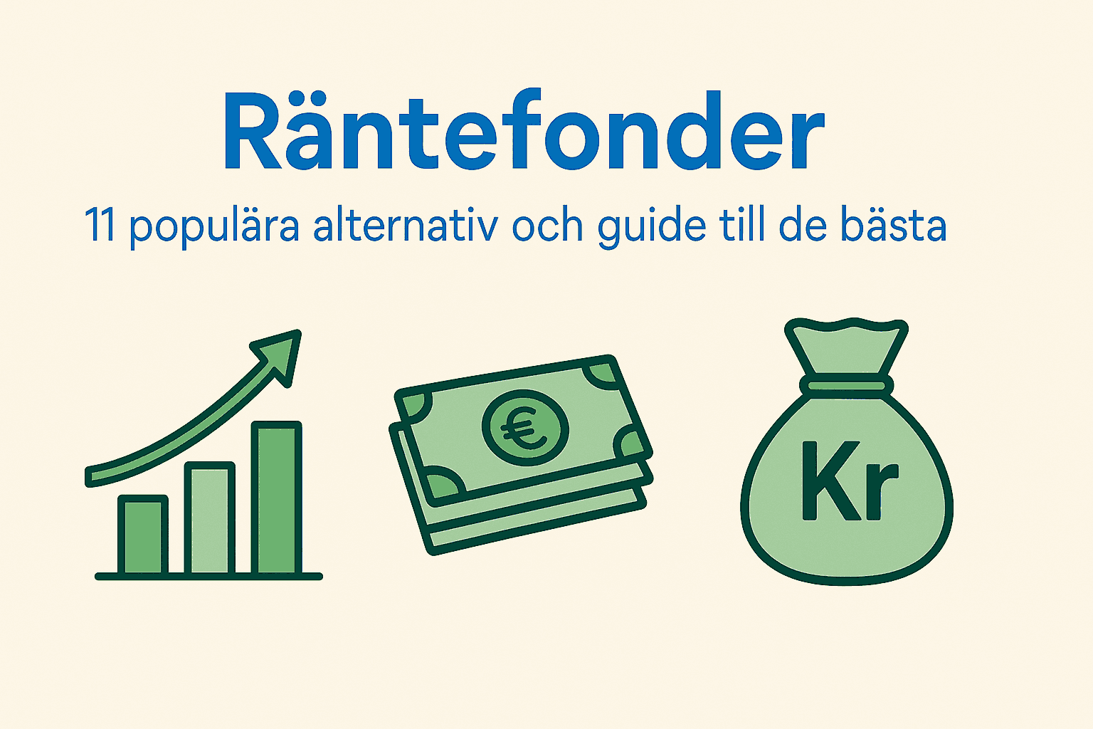 Minimalistisk svensk bild som visar räntefonder med texten "Räntefonder – 11 populära alternativ och guide till de bästa" samt ikoner för grafer, pengar och en pengapåse.