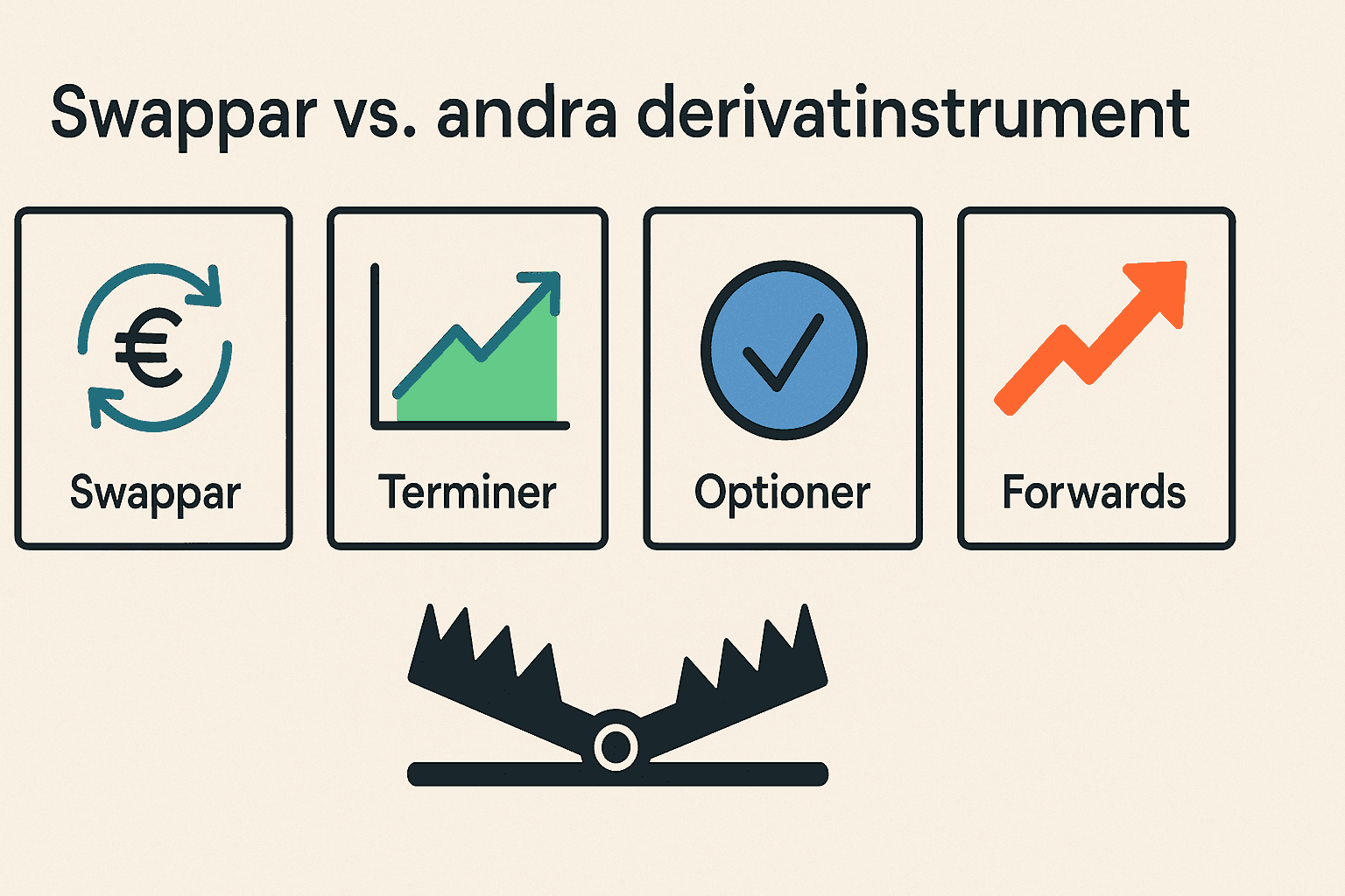 Infografik som jämför derivatinstrumenten swappar, terminer, optioner och forwards med symboler och varningsikon.