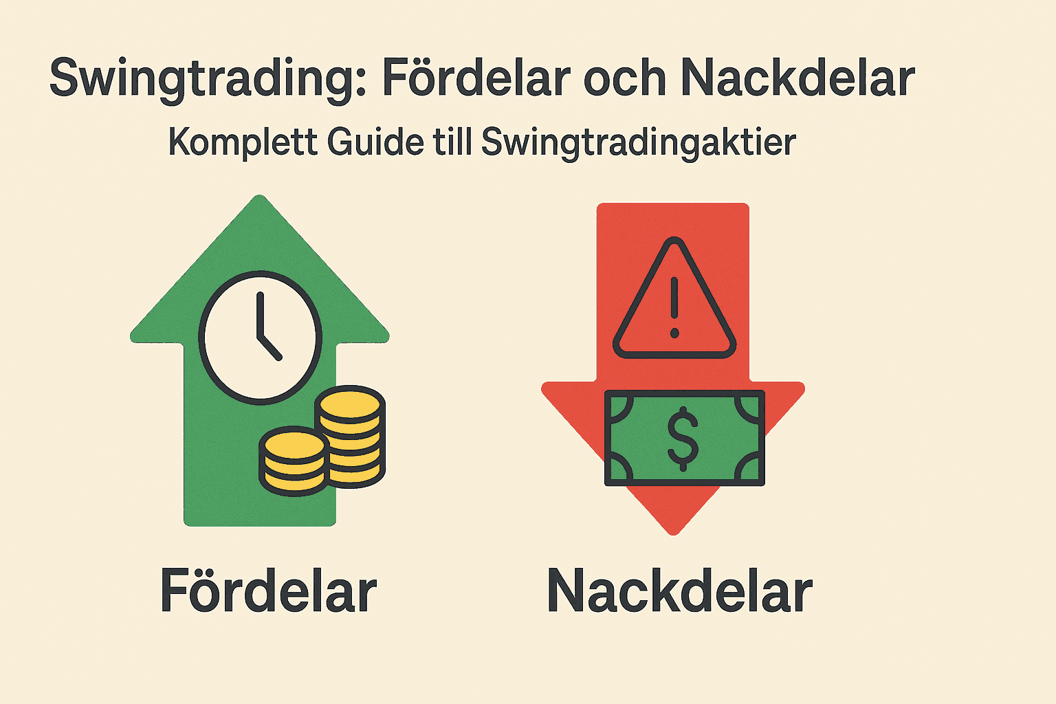 Minimalistisk illustration som visar fördelar med klocka och mynt i grön pil, samt nackdelar med varningstriangel och sedel i röd pil.