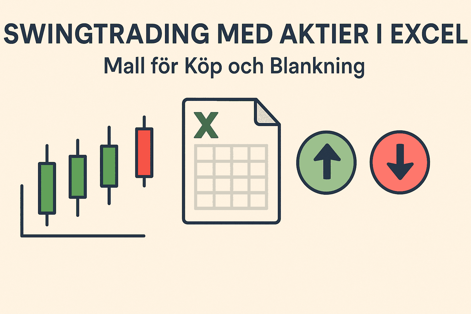Infografik som visar swingtrading med aktier i Excel med mall för köp och blankning – innehåller candlestick-diagram, Excel-ikon och köp/sälj-symboler.