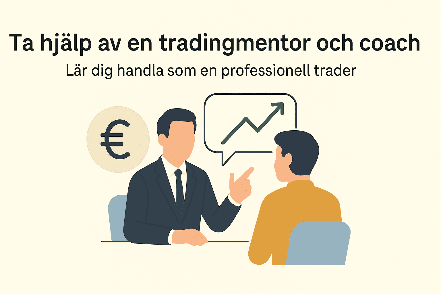 Illustration av tradingmentor som coachar elev med uppåtgående graf – fokus på professionell aktiehandel.