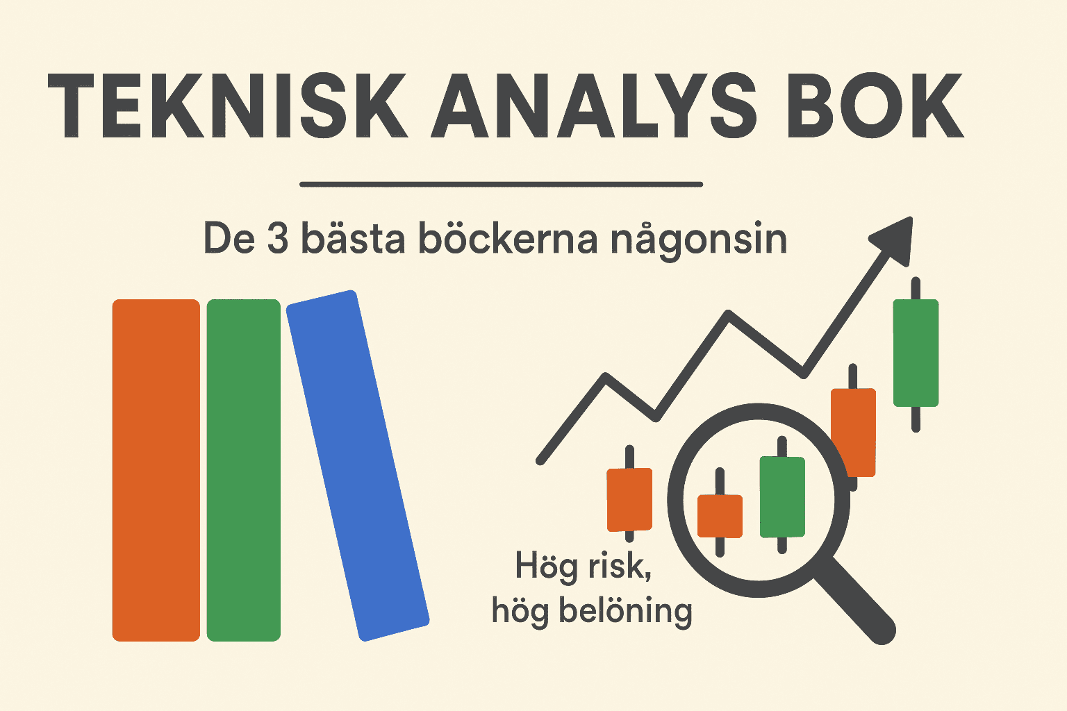 Illustration med tre böcker, candlestick-diagram och förstoringsglas under rubriken Teknisk Analys Bok – De 3 bästa böckerna någonsin.