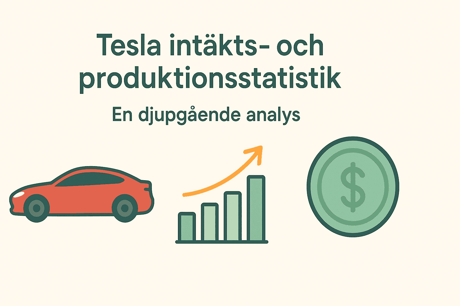 Dina Pengar 242 Samuelssons Rapport Minimalistisk infografik som visar Tesla intäkts- och produktionsstatistik med ikoner av bil, stapeldiagram och dollartecken.