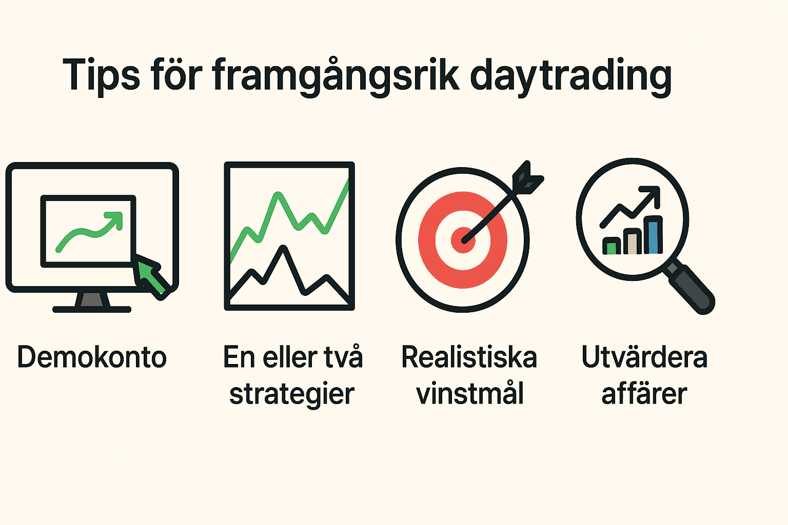 Minimalistisk bild som visar fyra tips för framgångsrik daytrading: demokonto, strategier, vinstmål och utvärdering.