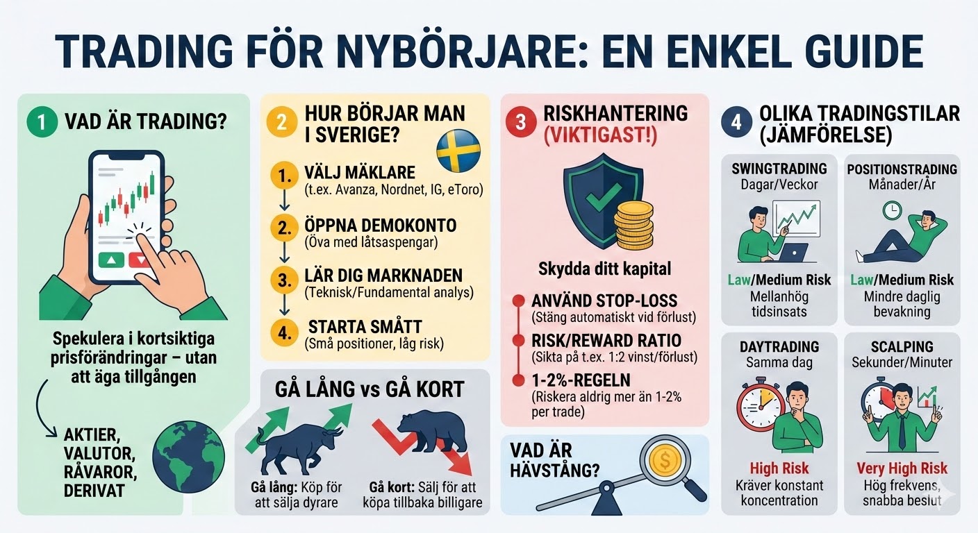 En infografik med rubriken "Trading för nybörjare: En enkel guide". Bilden är uppdelad i fyra tydliga sektioner: "Vad är trading?", "Hur börjar man i Sverige?", "Riskhantering (viktigast!)" och "Olika tradingstilar (jämförelse)". Den innehåller ikoner för mobila handelsappar, en svensk flagga, en sköld som symboliserar riskhantering, samt symboler för tjur (lång) och björn (kort).