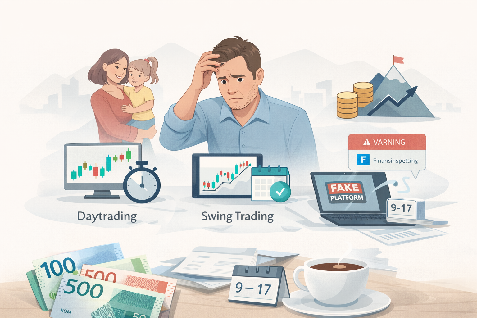illustration av trading nybörjare i Sverige som väljer mellan daytrading swing trading och position trading med fokus på tid risk och bedrägerier