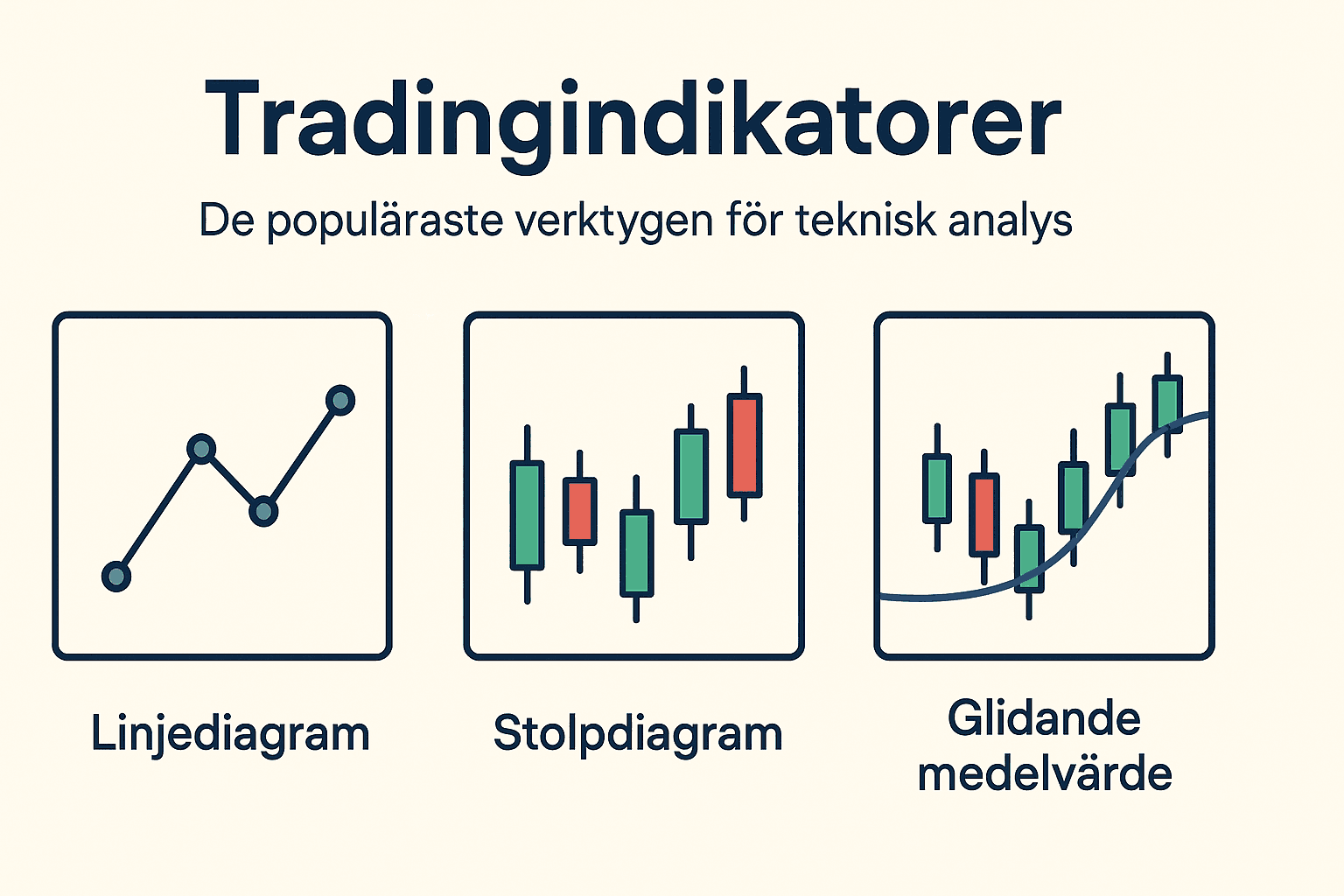 Tre populära tradingindikatorer: linjediagram, stapeldiagram och glidande medelvärde i en minimalistisk design på svenska.