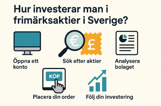 En infografik som visar fem steg för att investera i frimärksaktier i Sverige: öppna konto, sök efter aktier, analysera bolaget, placera din order och följ investeringen.