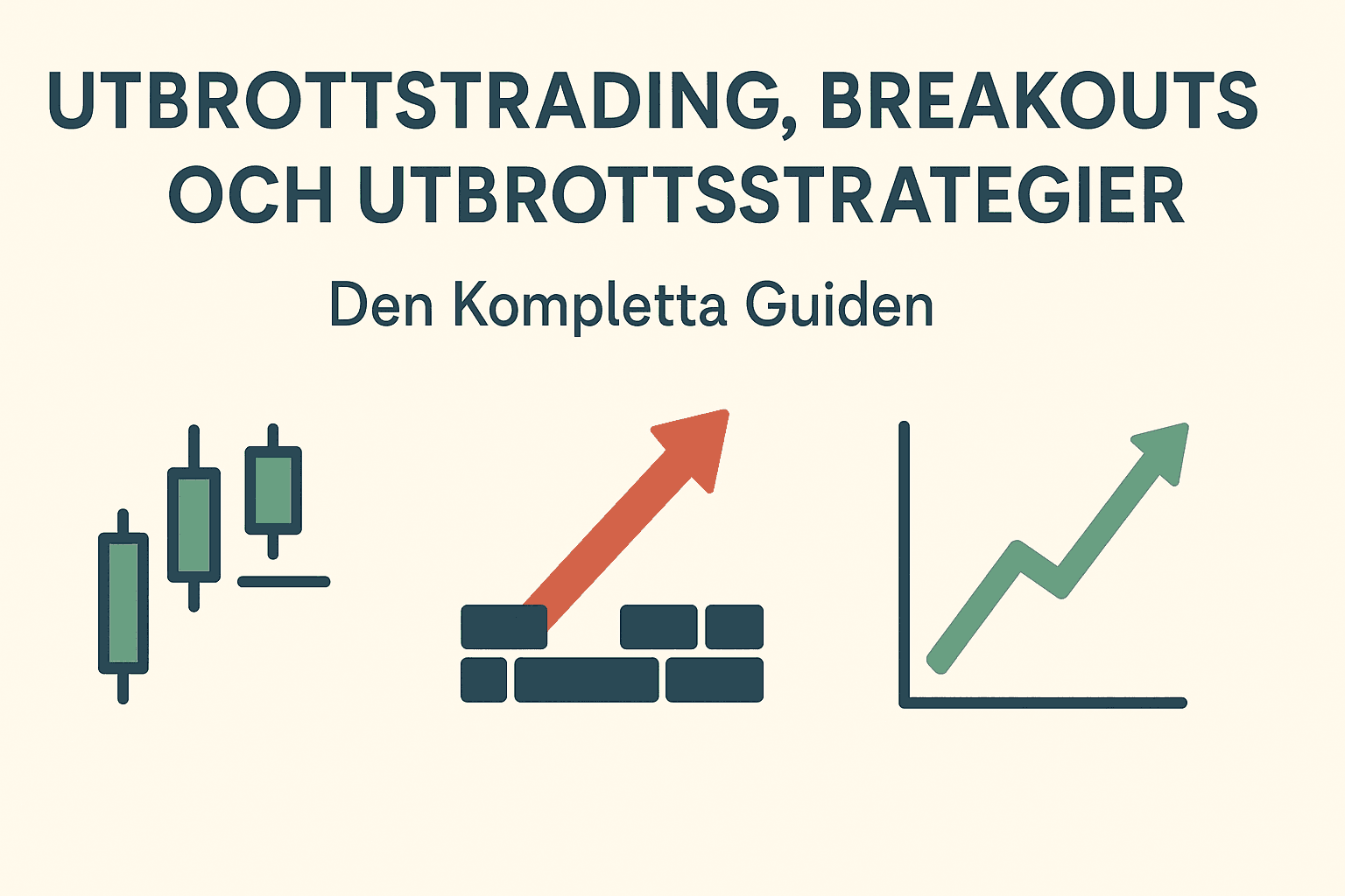 Candlesticks, mur med pil uppåt och stigande trendlinje illustrerar begreppet utbrottstrading.