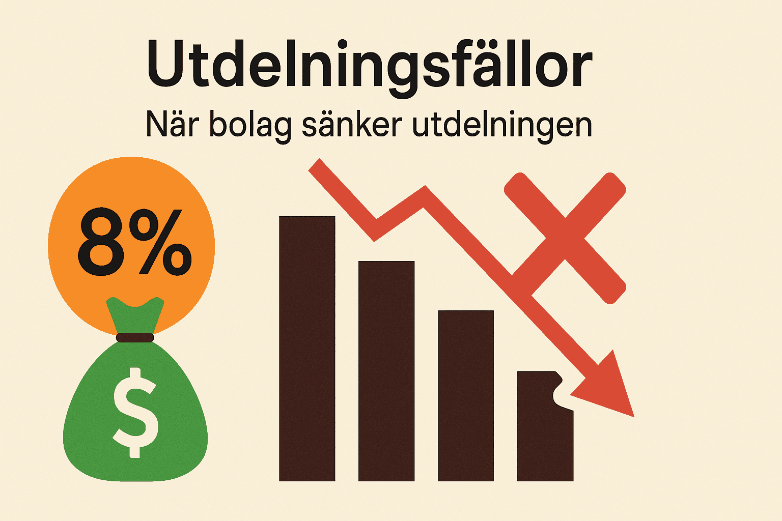 När får man utdelning på aktier? Allt du behöver veta 2 Samuelssons Rapport En 8-procentig symbol, pengasäck, fallande stapeldiagram och röd pil med kryss visar riskerna med sänkta utdelningar i utdelningsaktier.