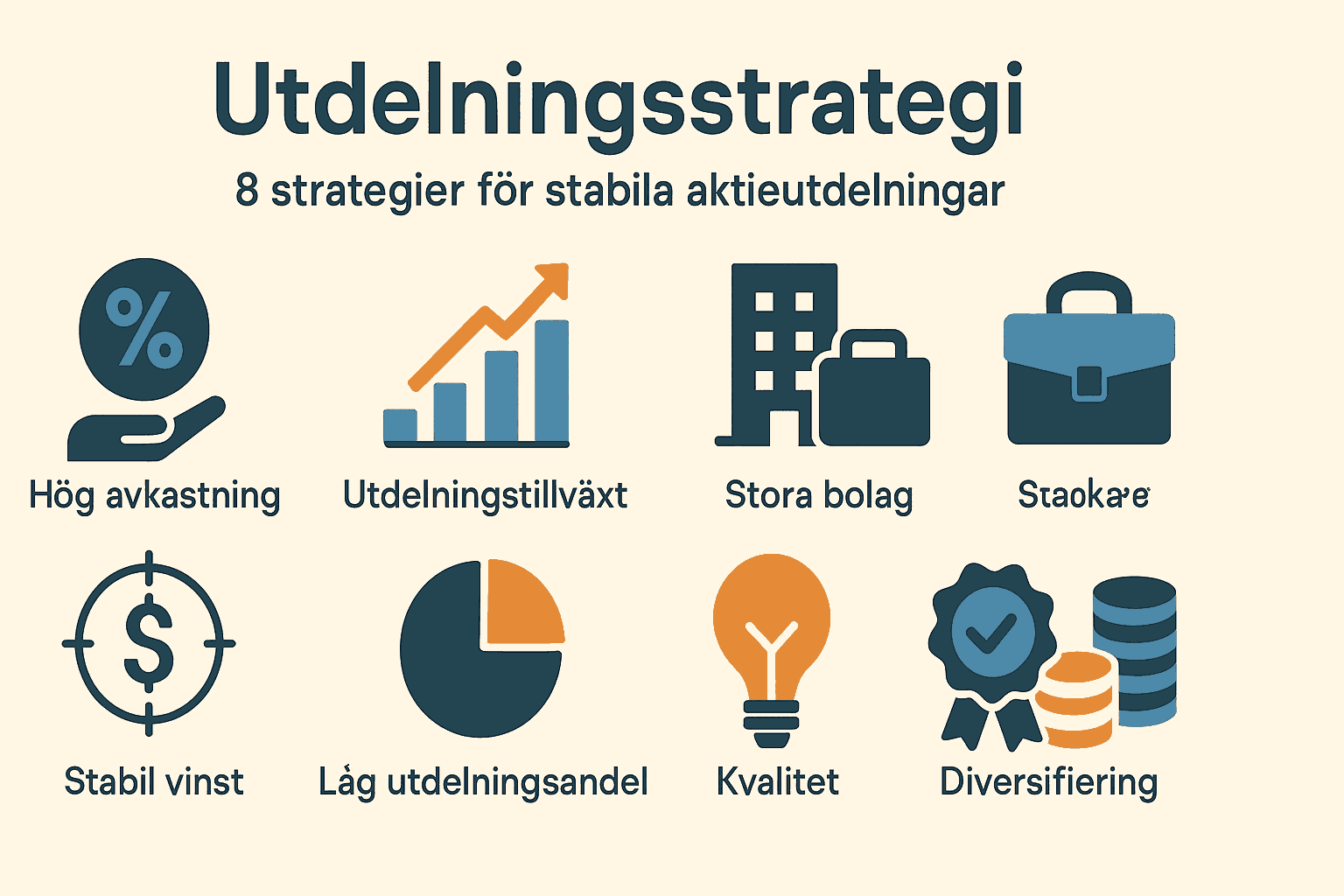 Dina Pengar 311 Samuelssons Rapport Minimalistisk infografik som visar 8 utdelningsstrategier med ikoner för hög avkastning, utdelningstillväxt, stora bolag, stabil vinst, låg utdelningsandel, kvalitet och diversifiering.