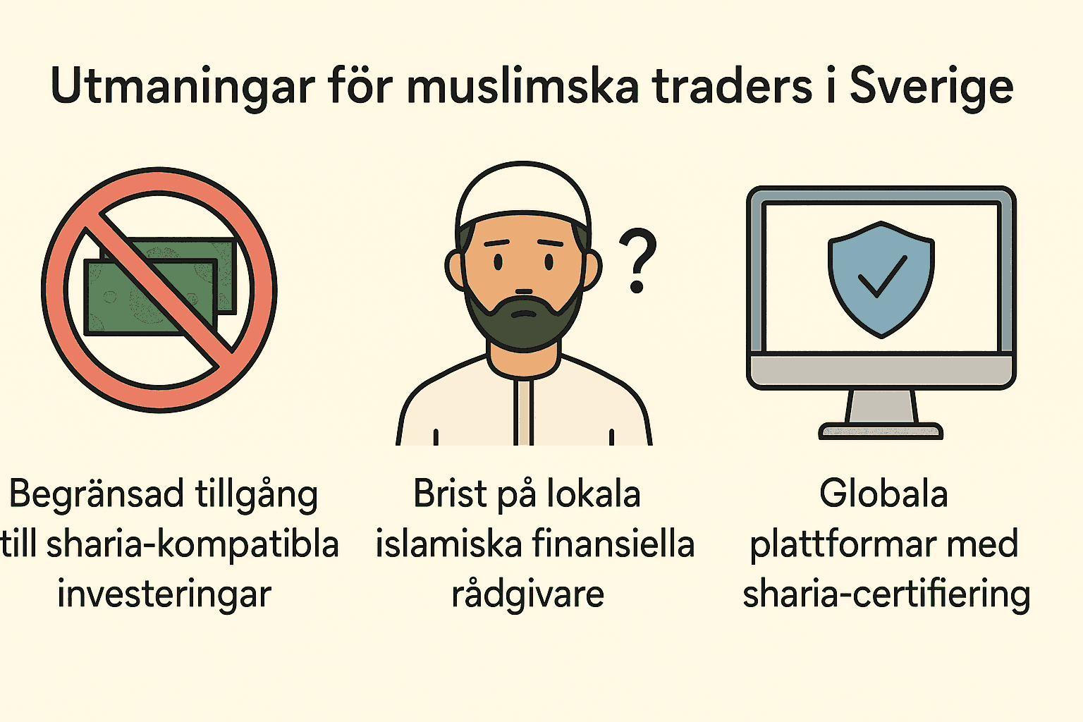 Kan Muslimer Syssla med Trading? Är Trading Halal inom Islam? 2 Samuelssons Rapport Infografik som visar tre utmaningar för muslimska traders i Sverige: begränsad tillgång till sharia-kompatibla investeringar, brist på lokala islamiska finansiella rådgivare, samt globala plattformar med sharia-certifiering.