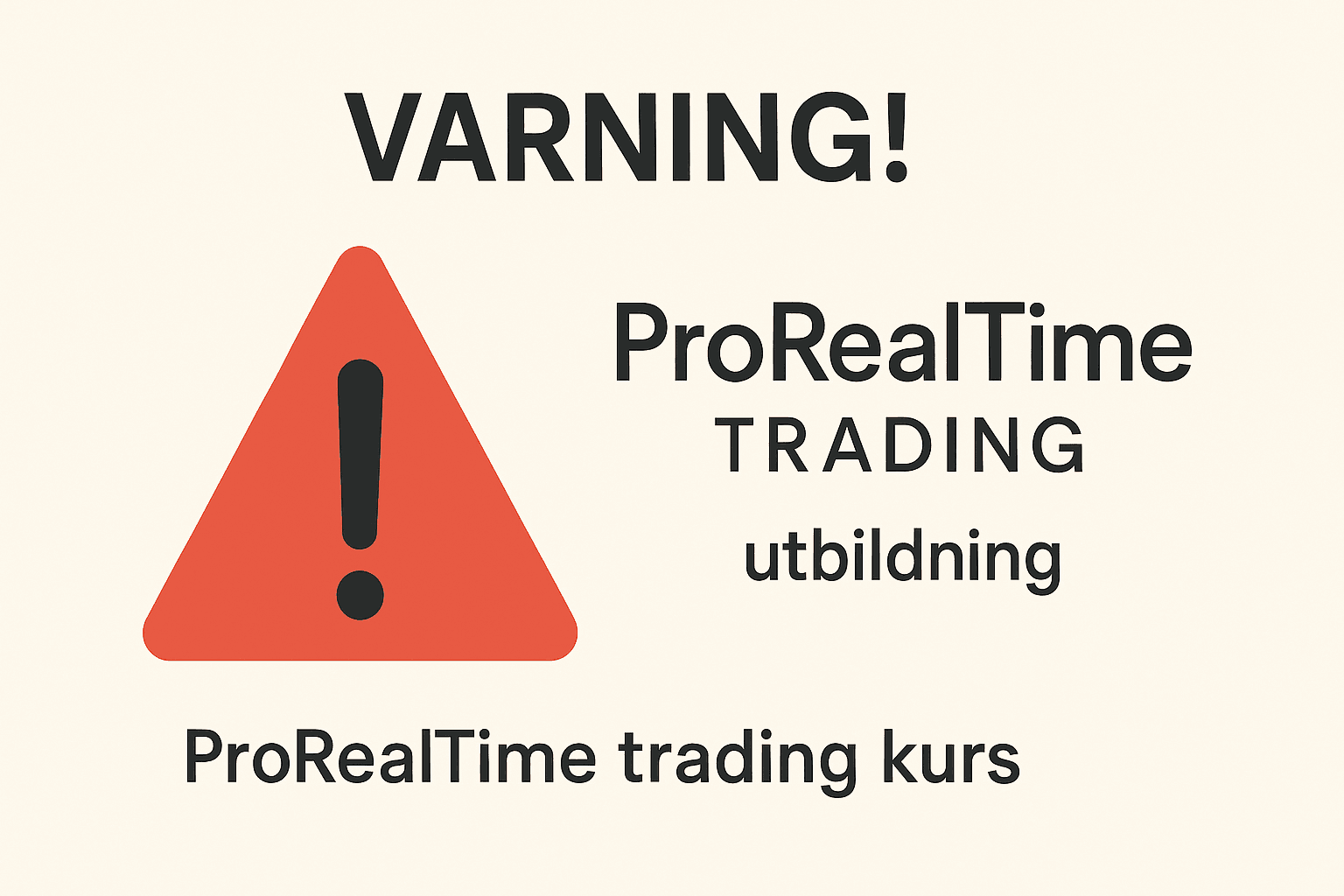 Varningsskylt med röd triangel och texten ProRealTime Trading utbildning och kurs i en minimalistisk stil.