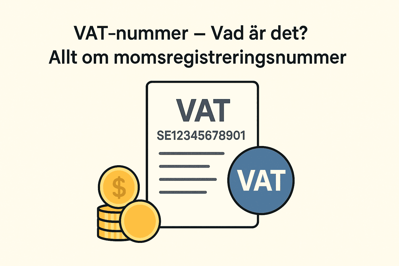 Illustrerad VAT-blankett med momsnummer, mynt och blå VAT-symbol på ljus bakgrund.