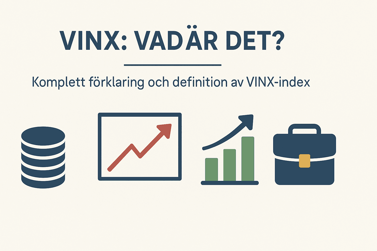 Minimalistisk infografik som förklarar VINX-index med ikoner för pengar, grafer och portfölj på en ljus bakgrund.