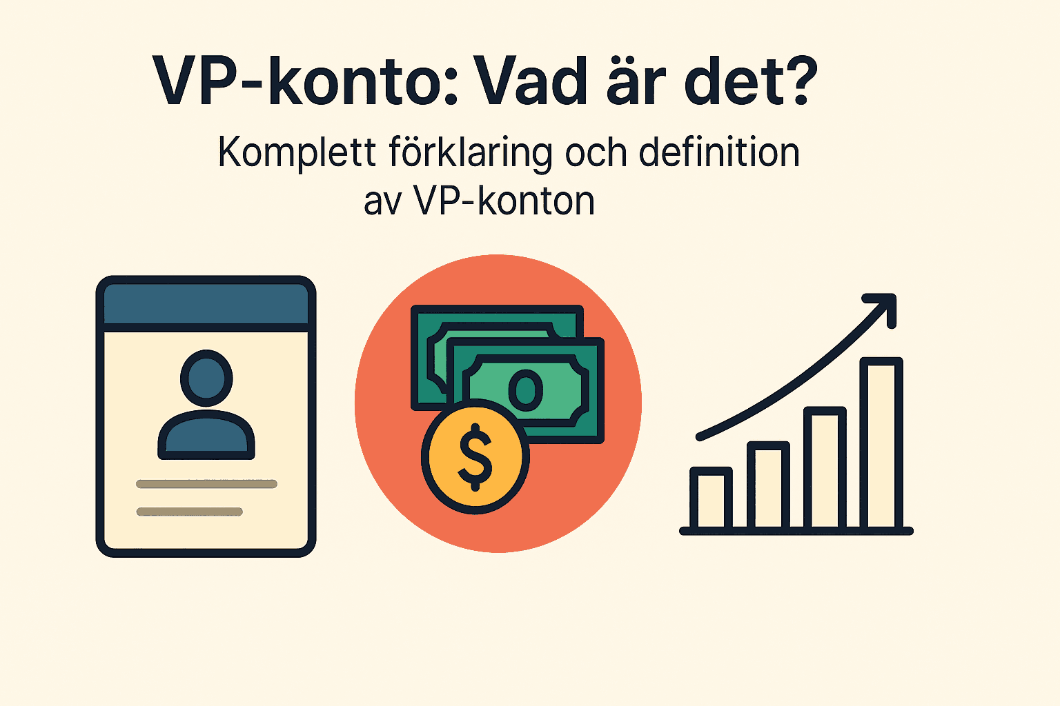 Minimalistisk illustration med ID-kort, pengar och stapeldiagram som förklarar vad ett VP-konto är.