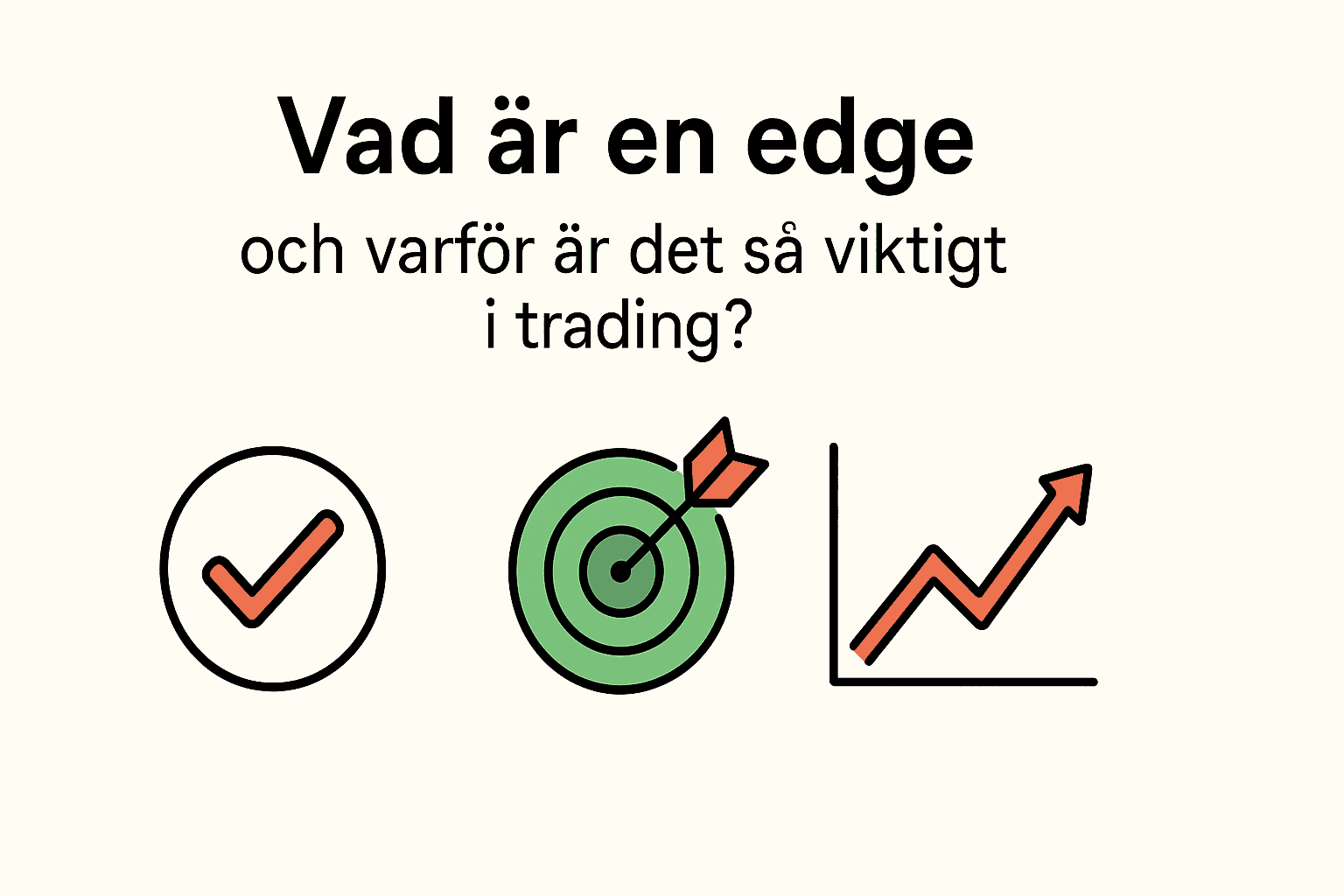 Ikoner med checkmark, måltavla och stigande graf som symboliserar edge i trading.