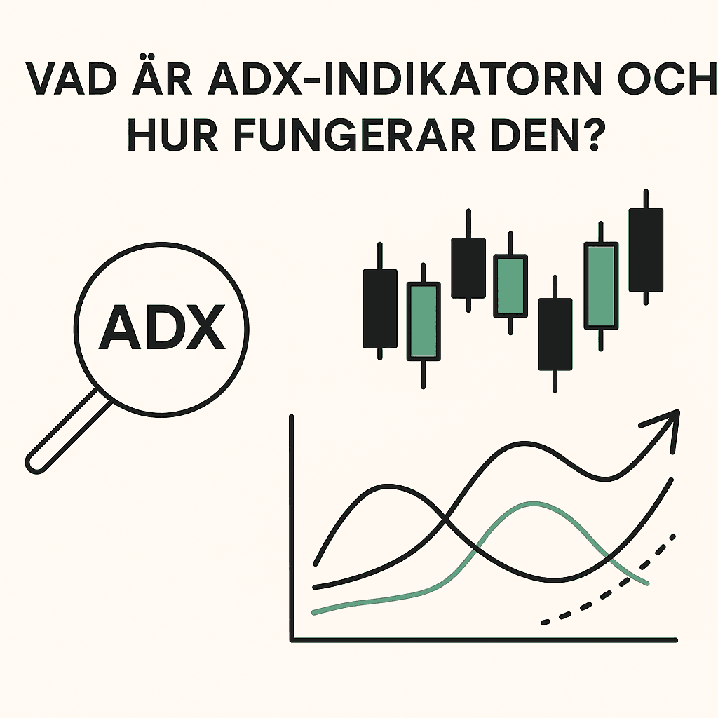 Enkel svensk infographic som visar ADX-indikatorn med candlestick-graf och linjediagram för att illustrera trendstyrka.