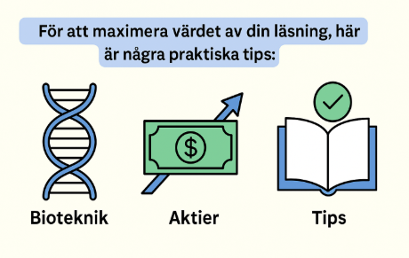 En illustration med tre ikoner föreställande en DNA-sträng för bioteknik, en sedel med en uppåtgående pil för aktier, och en öppen bok med en bock för praktiska tips.