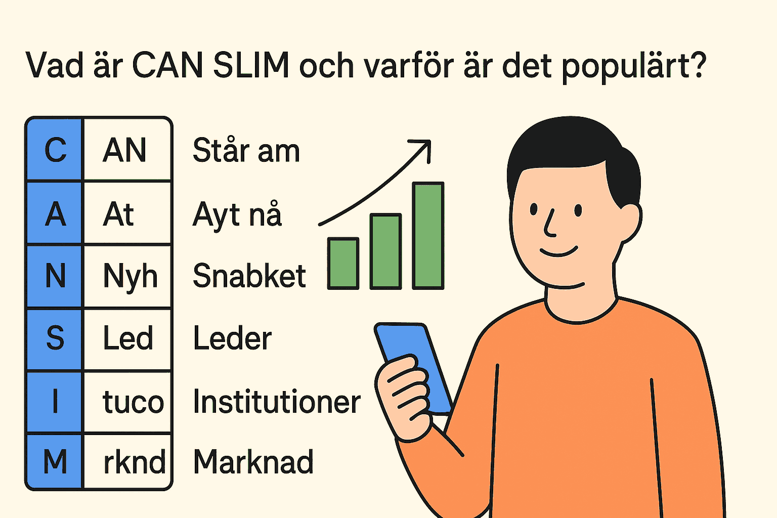 Illustration som visar CAN SLIM-strategins komponenter med stapeldiagram och person som använder mobil, symboliserar aktieanalys.