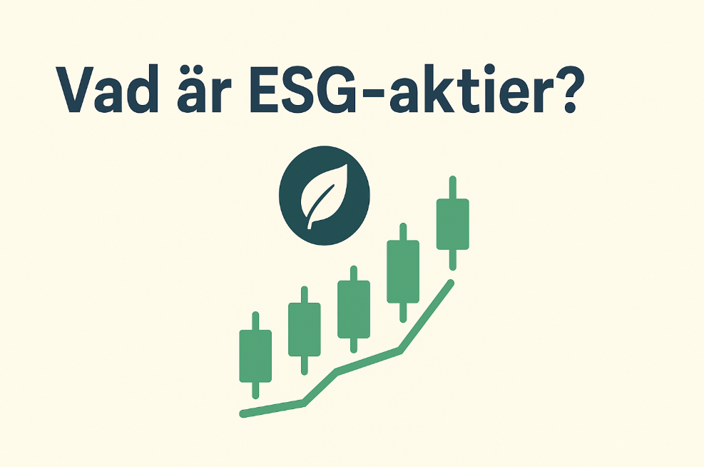 En infografik med titeln ”VAD ÄR ESG-AKTIER?” som förklarar de tre pelarna: Environmental (miljöansvar), Social (socialt ansvar) och Governance (bolagsstyrning), med tillhörande ikoner för jordglob, människor och rättvisa.