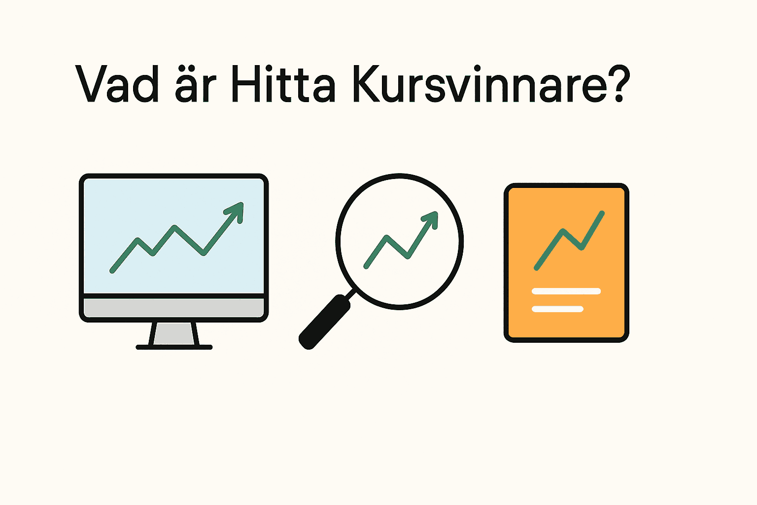 Illustration som visar Hitta Kursvinnare med dator, förstoringsglas och analysbok med uppåtgående graf.