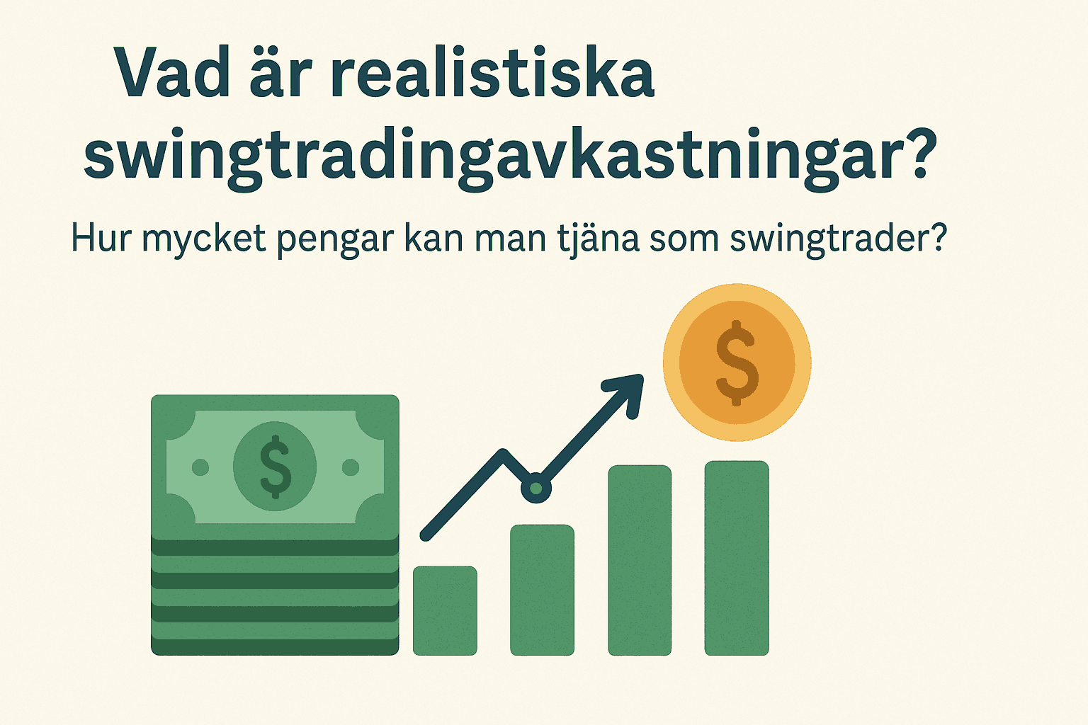Illustration med frågan "Vad är realistiska swingtradingavkastningar?" och symboler för pengar, stapeldiagram och växande vinst.