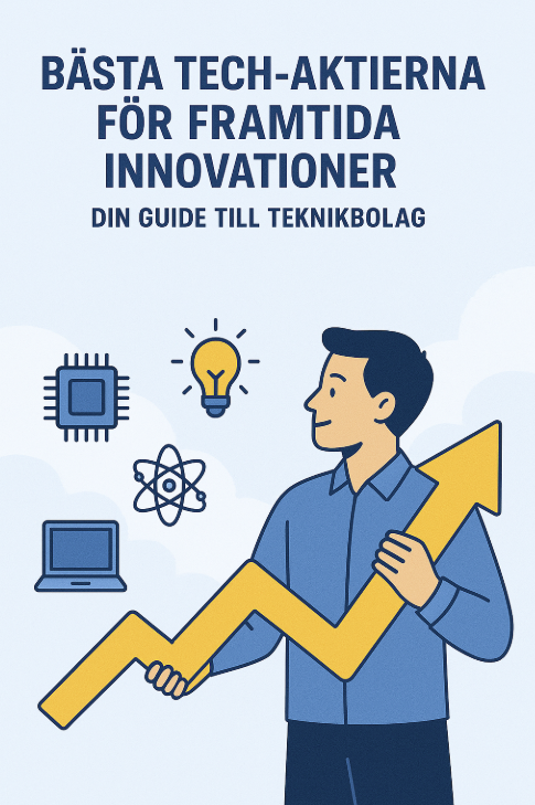 En infografik med titeln ”VAD ÄR TEKNIKAKTIER?” som förklarar att det är bolag som fokuserar på utveckling och försäljning av tekniska produkter och tjänster, illustrerat med ikoner för mjukvara, hårdvara och molntjänster.
