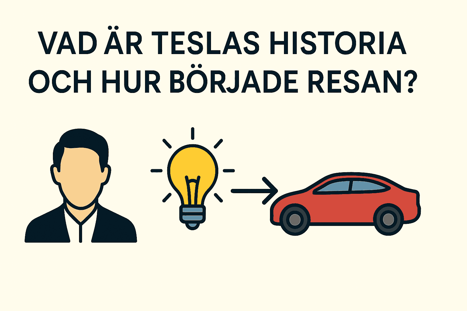 Tesla intäkts- och produktionsstatistik – En djupgående analys 1 Samuelssons Rapport Minimalistisk illustration som visar Teslas start – en person, en glödlampa och en elbil.