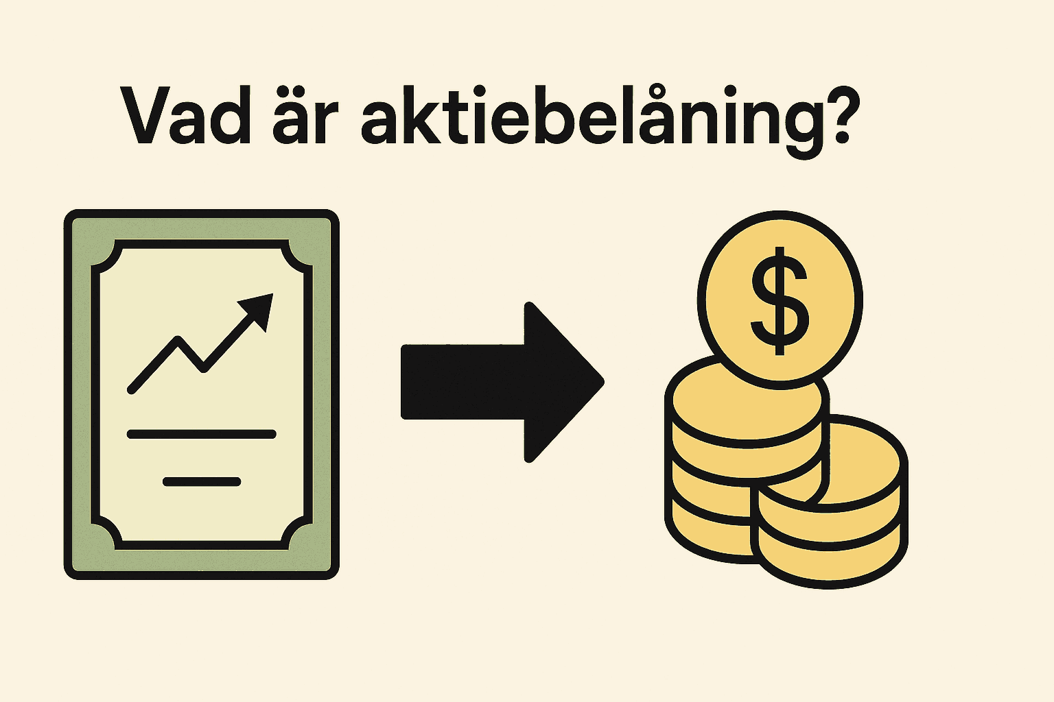 Belåning av aktier (aktiebelåning) – Vad de inte alltid berättar 1 Samuelssons Rapport Minimalistisk illustration som visar hur aktier används som säkerhet för att låna pengar, med ett aktiecertifikat, en pil och myntsymboler.